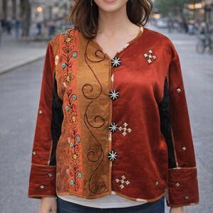 Flashback Embroidered Jacket Medium Orange Tan Floral Cross Boho Festival Indie